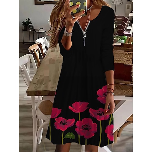 

Women's Casual Dress Shift Dress Knee Length Dress White Black Long Sleeve Print Zipper Print Fall Winter V Neck Casual Modern 2022 L XL XXL 3XL 4XL 5XL 6XL