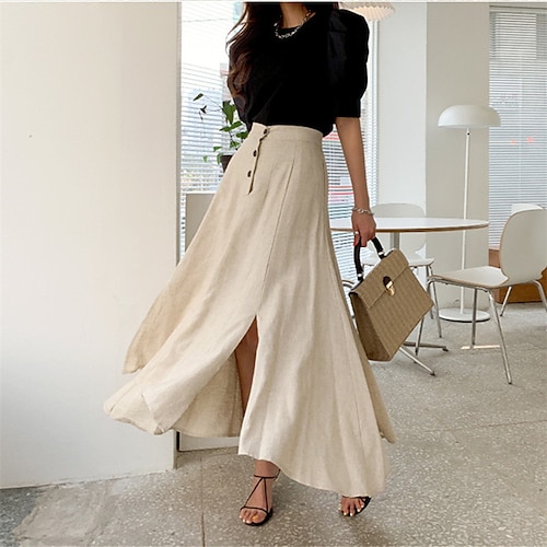 

Femme Jupe Balançoire Jupes de travail Jupe longue Maxi Polyester Beige Jupes Fendu Sans Doublure Vêtement de rue style grand-mère côtier Eté du quotidien Fin de semaine S M L