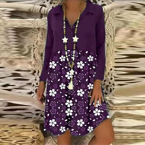 

Women's Casual Dress Shirt Dress Knee Length Dress Green Purple Black Long Sleeve Floral Print Fall Winter Shirt Collar Casual Mature 2022 S M L XL XXL 3XL