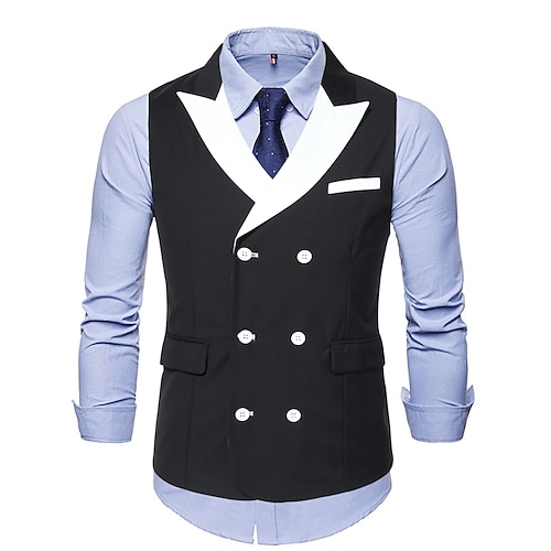 

Men's Casual Vest Patchwork Regular Fit Peak Double Breasted Six-buttons Black Blue Grey 2022