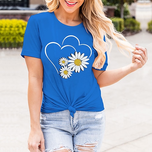 

Women's T shirt Tee Green Blue Pink Heart Daisy Print Short Sleeve Casual Weekend Basic Round Neck Regular Cotton Floral Painting S