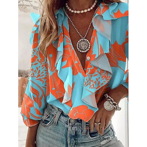 

Women's Blouse Shirt Blue Pink Orange Floral Ruffle Print Long Sleeve Daily Weekend Streetwear Casual V Neck Regular Floral S / 3D Print