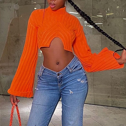 

Women's Pullover Sweater jumper Jumper Cable Knit Knitted Pure Color Turtleneck Stylish Casual Outdoor Daily Flare Cuff Sleeve Winter Fall Blue Orange S M L / Long Sleeve / Holiday / Regular Fit