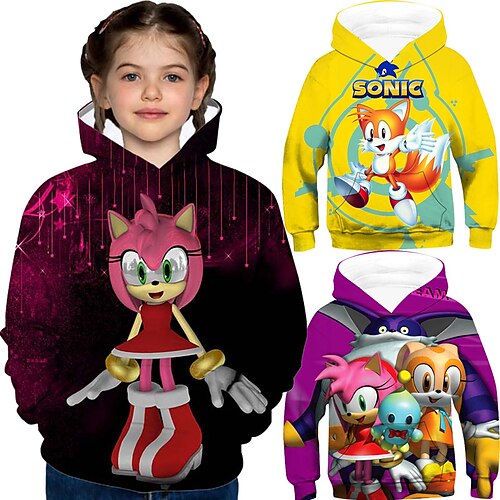 

Kids Girls' Hoodie Sonic Amy Rose Long Sleeve 3D Print Graphic Anime Pocket Multicolor Black Yellow Children Tops Spring Summer Fashion Adorable Outdoor Daily Regular Fit 3-12 Years