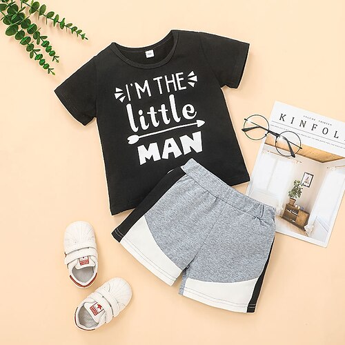 

2 Pieces Kids Unisex T-shirt & Shorts Clothing Set Outfit Letter Short Sleeve Cotton Set Street Cool Comfort Spring Summer 2-6 Years Black