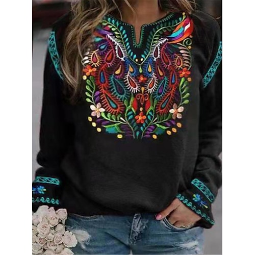 

Women's Plus Size Tops Pullover Sweatshirt Hoodie Sweatshirt Floral Print Long Sleeve Crewneck Vintage Casual Halloween Daily Polyester Fall Winter Black