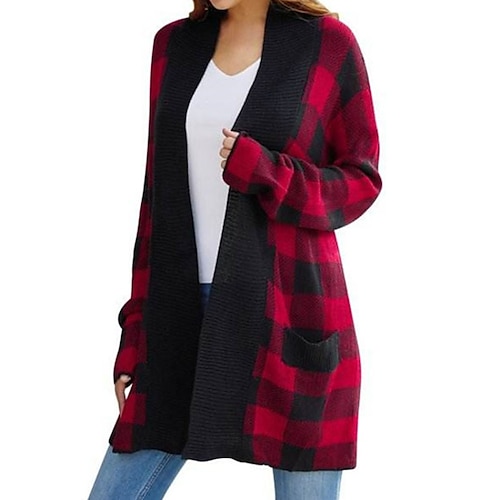 

suéter cardigan feminino suéter de crochê bolso de malha xadrez frente aberta elegante básico diário saindo outono inverno vermelho 3xl