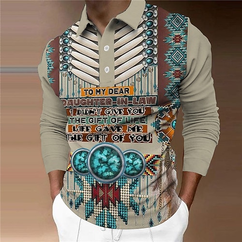 

Men's Collar Polo Shirt Golf Shirt Geometry Turndown Khaki 3D Print Outdoor Street Long Sleeve Button-Down Print Clothing Apparel Vintage Designer Ethnic Style Casual