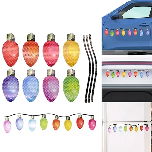

36 Pieces Christmas Car Refrigerator Decorations 24 Reflective Bulb Light Shaped Magnets 12 Magnetic Wires Ornaments Set Xmas Holiday Cute Decor