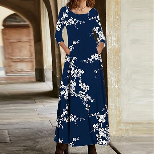 

Women's Casual Dress A Line Dress Maxi long Dress Navy Blue Long Sleeve Floral Pocket Print Fall Winter V Neck Casual Vacation 2022 S M L XL XXL 3XL