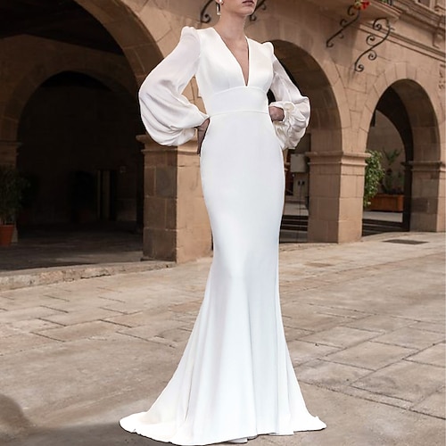 

Mermaid / Trumpet Wedding Dresses V Neck Sweep / Brush Train Satin Tulle Long Sleeve Simple Sexy Backless with Solid Color 2022