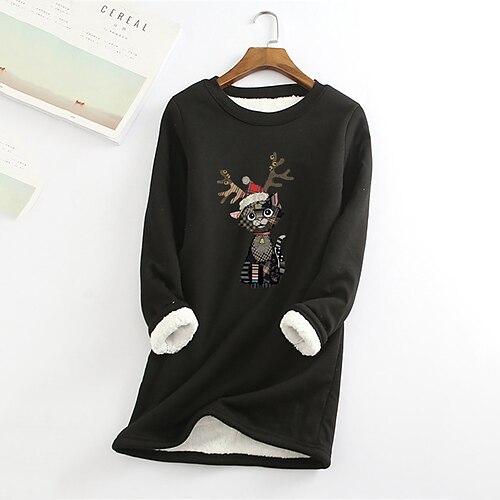 

Women's Plus Size Tops Christmas Pullover Sweatshirt Cat Letter Print Long Sleeve Crewneck Casual Going out Polyester Fall Winter Wine khaki