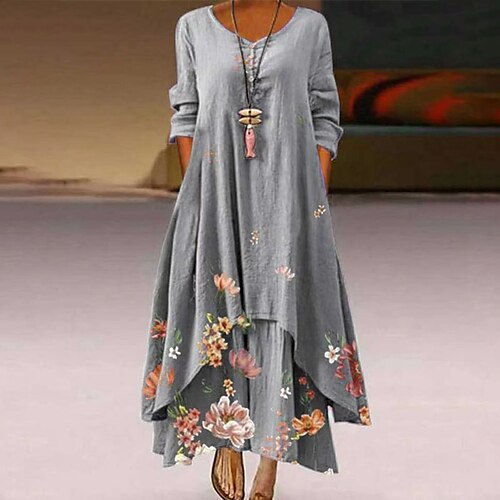 

Women's Casual Dress Long Dress Maxi Dress Gray Long Sleeve Floral Pocket Winter Fall Autumn V Neck Casual Winter Dress Weekend Fall Dress 2023 S M L XL XXL 3XL 4XL 5XL