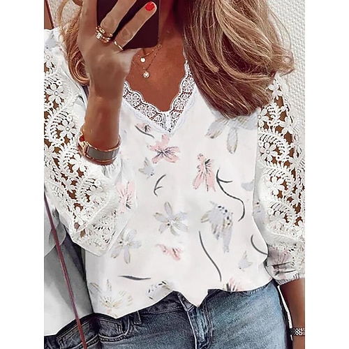 

Women's Shirt Floral Holiday Weekend Floral Shirt Long Sleeve Lace Print V Neck Casual Streetwear White Red S / 3D Print