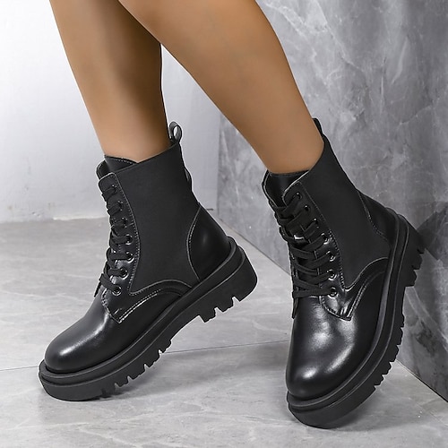 

Women's Boots Daily Combat Boots Booties Ankle Boots Winter Block Heel Round Toe Casual PU Leather Lace-up Solid Colored Black