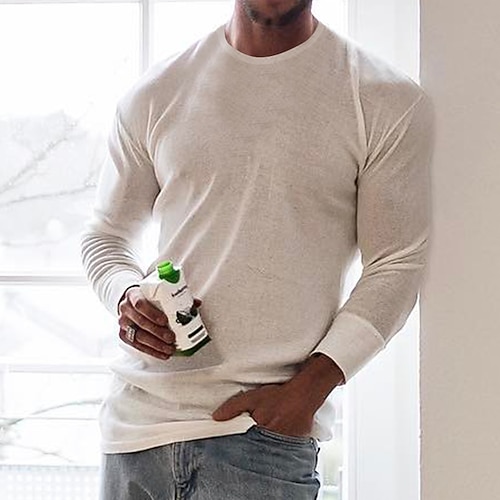 

Men's T shirt Tee Solid Color Crew Neck White Long Sleeve Street Daily Tops Casual Comfortable