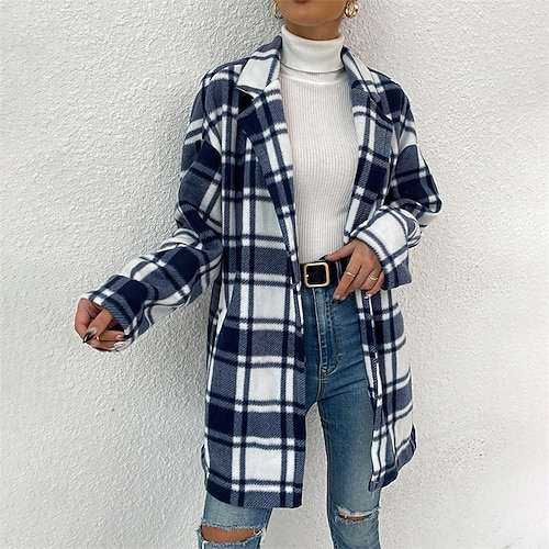 

Women's Winter Coat Windproof Warm Outdoor Street Daily Vacation Pocket Cardigan Lapel Street Style Shacket Plaid Regular Fit Outerwear Long Sleeve Winter Fall Black Blue Red S M L XL