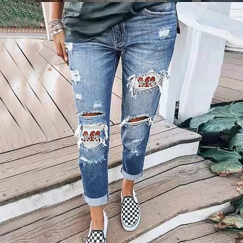 

Women's Pants Trousers Jeans Distressed Jeans Denim Blue Fashion Christmas Weekend Side Pockets Cut Out Micro-elastic Ankle-Length Comfort Santa Claus S M L XL XXL / Ripped / Print