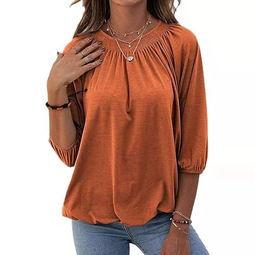 

2021 Autumn Amazon Wish Europe And The United States Cross-Border New Women's Clothing Solid Color Loose Round Neck 3/4 Sleeve T-Shirt