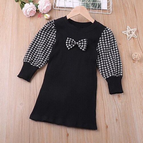 

Kids Girls' Dress Houndstooth Tulle Dress School Daily Bow Black Knee-length Long Sleeve Princess Sweet Dresses Spring Fall Regular Fit 1 PC 2-6 Years