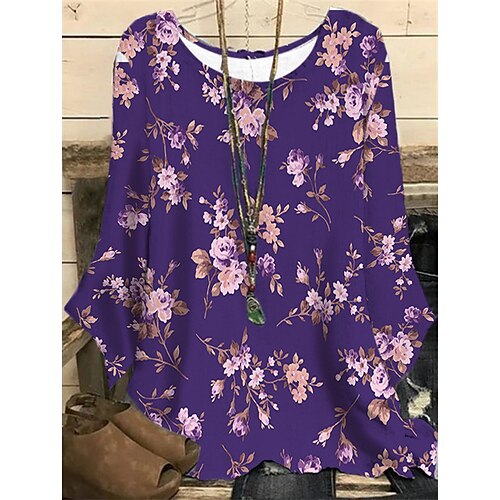 

Women's Plus Size Tops Blouse Shirt Floral Print Long Sleeve Round Neck Casual Daily Vacation Polyester Fall Winter Blue Purple