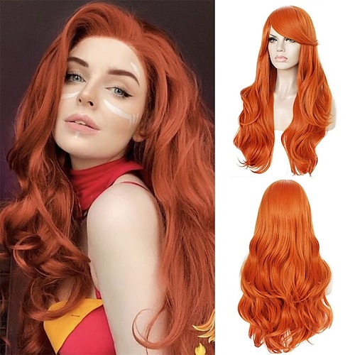 

28/70cm Kim Possible Wig for Women Long Ginger Orange Wavy Wig Redhead Hair Synthetic Wig for Girls Costume for Halloween Party
