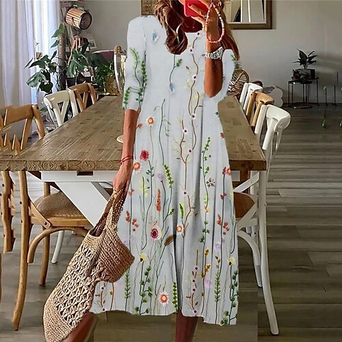 

Women's Casual Dress Shift Dress Midi Dress Light gray Dark Gray Gray 3/4 Length Sleeve Floral Ruched Winter Fall 2022 S M L XL XXL 3XL