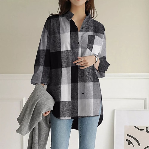 

Women's Blouse Shirt Green Black Pink Plaid Button Pocket Long Sleeve Casual Weekend Streetwear Shirt Collar Long S / 3D Print / Print