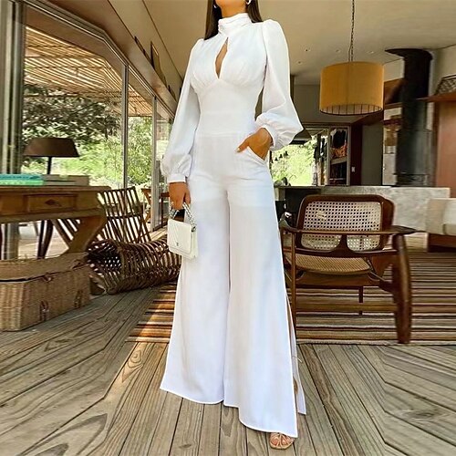 

Women's Jumpsuit Pocket Solid Color Stand Collar Elegant Party Going out Regular Fit Long Sleeve White S M L Fall