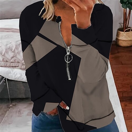 

Mulheres Roupa de rua Zíper Imprimir Preto Bloco de cor Geometria Diário Gola Redonda Manga Longa