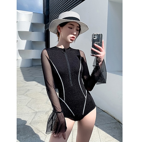 

Women's One Piece Swimsuit Quick Dry Long Sleeve Swimwear Bodysuit Tummy Control High Waist Push Up Swimming Surfing Solid Colored Spring Summer Autumn / Fall