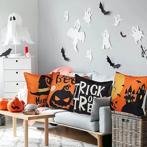 

Halloween Double Side Cushion Cover 4PC Soft Decorative Square Throw Pillow Cover Cushion Case Pillowcase for Bedroom Livingroom Superior Quality Machine Washable Indoor Cushion for Sofa Couch Bed Chair Bat Witch Spider