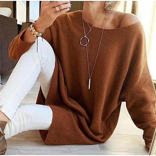 

Women's Pullover Sweater jumper Jumper Crochet Knit Tunic Knitted Pure Color One Shoulder Stylish Casual Daily Holiday Winter Fall Brown S M L / Long Sleeve / Regular Fit