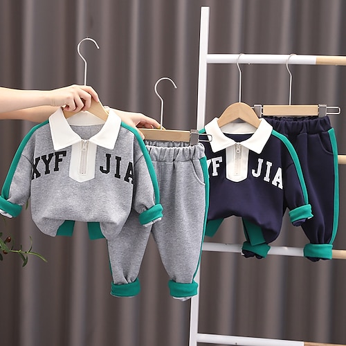 

Kids Boys Hoodie Pants Clothing Set 2 Pieces Long Sleeve Navy Blue Gray Letter Street Cool Casual 1-5 Years