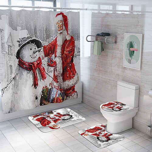 

Christmas Shower Curtain 4 Piece Sets with Non-Slip Rugs,Santa Claus Toilet Lid Cover and Bath Mat,Christmas Shower Curtain with 12 Hooks Bathroom Set Holiday Home 180cm180cm(70"" 70"")