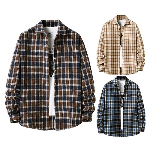 

Men's Flannel Shirt Plaid / Check Turndown Blue Khaki Coffee Print Daily Holiday Long Sleeve Button-Down Clothing Apparel Casual Comfortable / Winter / Fall / Winter