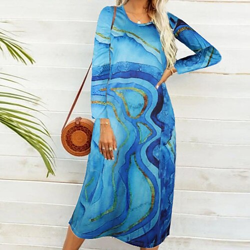 

Women's Casual Dress Shift Dress Midi Dress Green Blue Light Green Long Sleeve Print Print Fall Winter Round Neck Casual 2022 S M L XL XXL