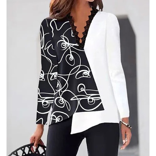 

Women's Blouse Shirt Black Graphic Lace Trims Print Long Sleeve Casual Weekend Streetwear V Neck Regular S / 3D Print