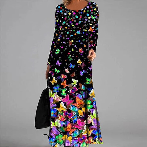 

Women's Casual Dress A Line Dress Maxi long Dress Black Long Sleeve Animal Butterfly Pocket Print Fall Winter V Neck Vacation Casual 2022 S M L XL XXL 3XL