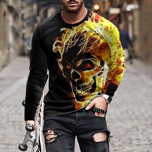 

Men's Unisex T shirt Tee Skull Graphic Prints Crew Neck Yellow 3D Print Outdoor Street Long Sleeve Print Clothing Apparel Basic Vintage Sports Designer