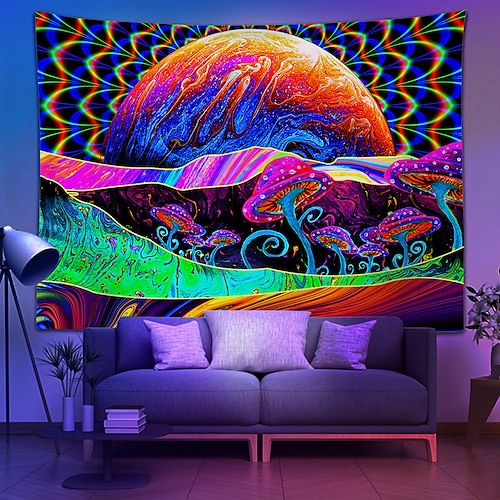 

Psychedelic Blacklight UV Reactive Tapestry Luminous Moutain Background Cloth Dormitory Decoration Hanging Cloth