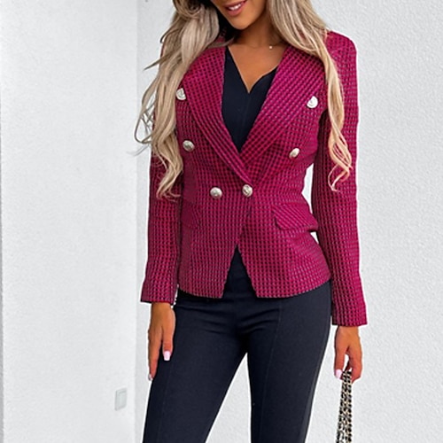 

Women's Blazer Windproof Warm Outdoor Street Daily Vacation Button Pocket Print Double Breasted Turndown Casual Street Style Stripes and Plaid Regular Fit Outerwear Long Sleeve Winter Fall Green Pink