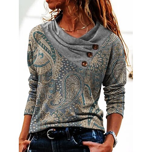 

Damen Hemd Bluse Blau Grün Paisley-Muster Taste Bedruckt Langarm Täglich Wochenende Strassenmode Brautkleider schlicht V Ausschnitt Standard S