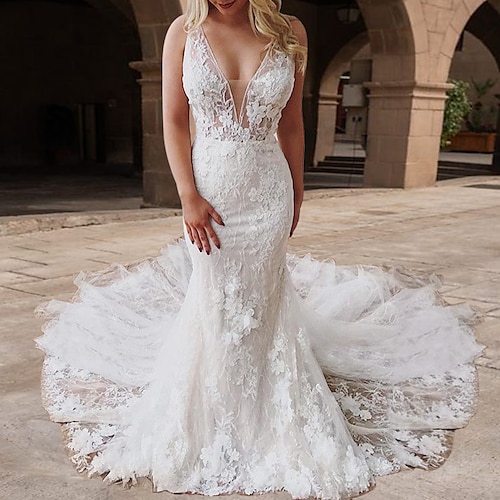 

Two Piece Mermaid / Trumpet Wedding Dresses V Neck Court Train Detachable Lace Tulle Sleeveless Romantic Sexy See-Through Backless with Appliques 2022
