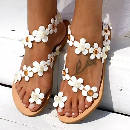 

Women's Sandals Daily Boho Bohemia Beach Flat Sandals Summer Flower Flat Heel Open Toe Sexy Sweet PU Leather Loafer Solid Colored White