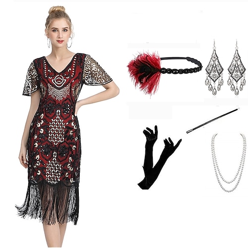 

The Great Gatsby Vintage 1920s Vintage Inspired Party Costume Women's Sequins Tassel Fringe Costume Vintage Cosplay Performance Halloween Short Sleeve Short Length Dress Halloween / Gloves / Headwear