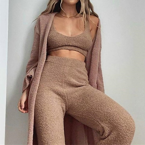 

Women's Loungewear Sets Winter Nighty 3 Pieces Pure Color Comfort Soft Plush Home Daily Vacation Knit Warm V Wire Sleeveless Sweater Pant Backless Winter Fall Brown White