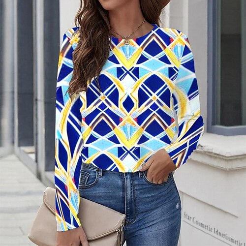 

Women's T shirt Tee Blue Graphic Geometric Print Long Sleeve Casual Daily Vintage Round Neck Regular Geometric Painting S / 3D Print
