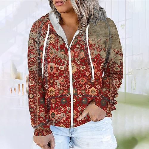 

Women's Plus Size Tops Hoodie Sweatshirt Floral Zipper Print Long Sleeve Hooded Streetwear Daily Vacation Polyester Fall Winter Red / 3D Print