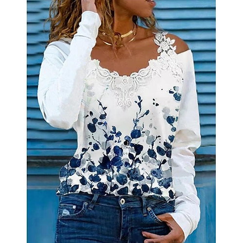 

Women's Blouse Shirt Green Blue Purple Floral Butterfly Lace Print Long Sleeve Holiday Weekend Streetwear Casual V Neck Regular Floral S / 3D Print